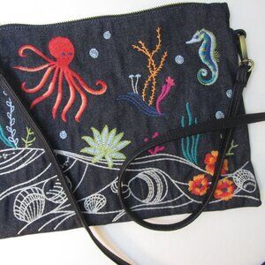Embroidery Crossbody Aquatic Purse Bag Boho Fish Coral Reef